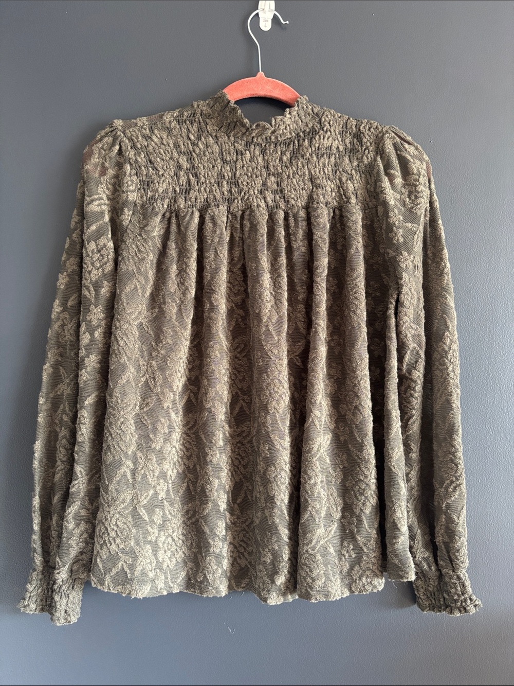 Cupio Olive Green Smocked Lace High-Neck Blouse